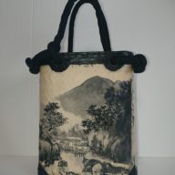 No.26一閑張り　カゴバック　塩瀬帯 水墨画 落款 縁黒